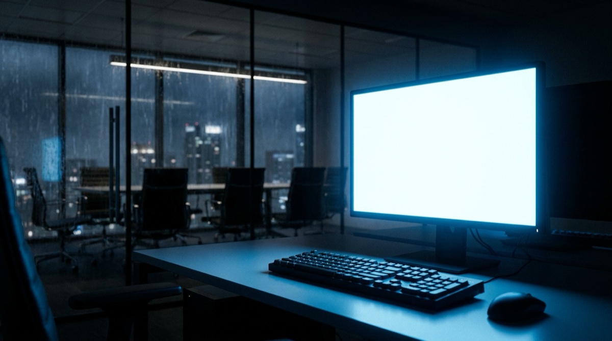 A single computer monitor glows blue in a dark office at night, reflecting the hidden fragility of automated systems.
