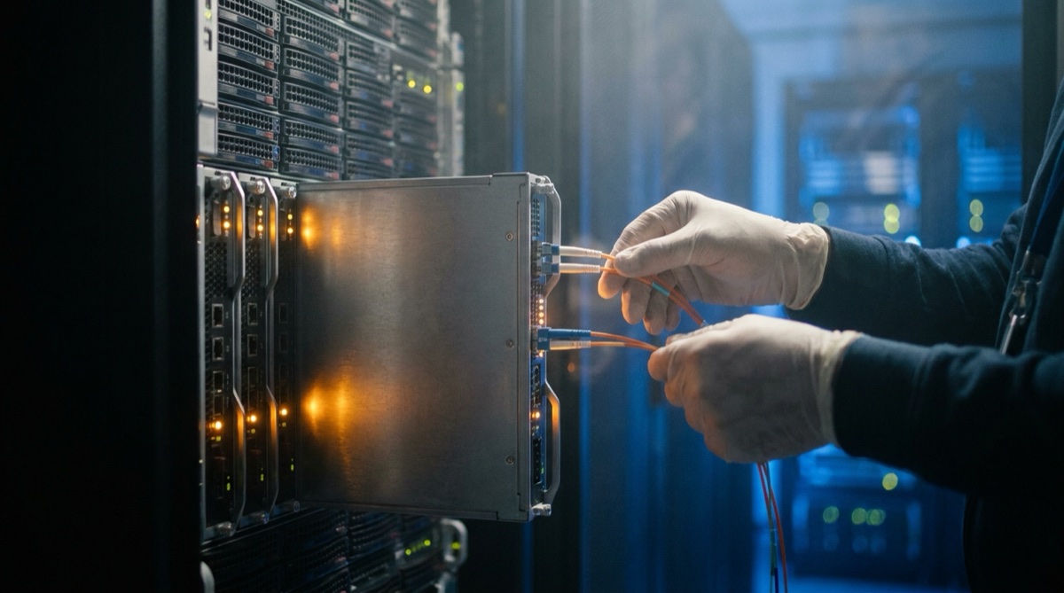 A close-up of fiber optic cables being connected to a server blade in a dimly lit data center, with cinematic blue and amber documentary lighting.