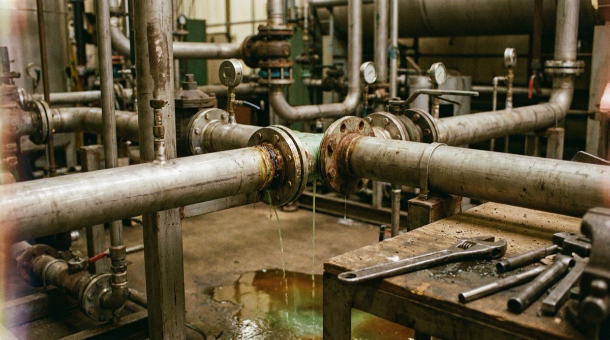 A complex mechanical pipeline made of brushed steel, with a subtle, glowing liquid leaking from a joint where two pipes connect.