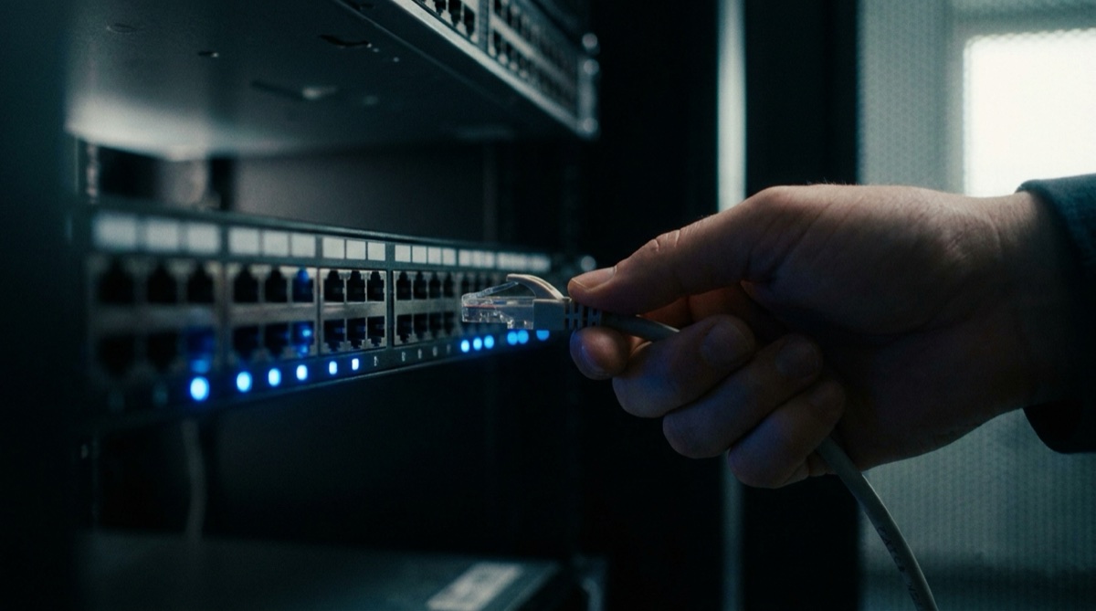 A network cable being unplugged from a server rack in a dimly lit data center, with blue indicator lights fading to black.