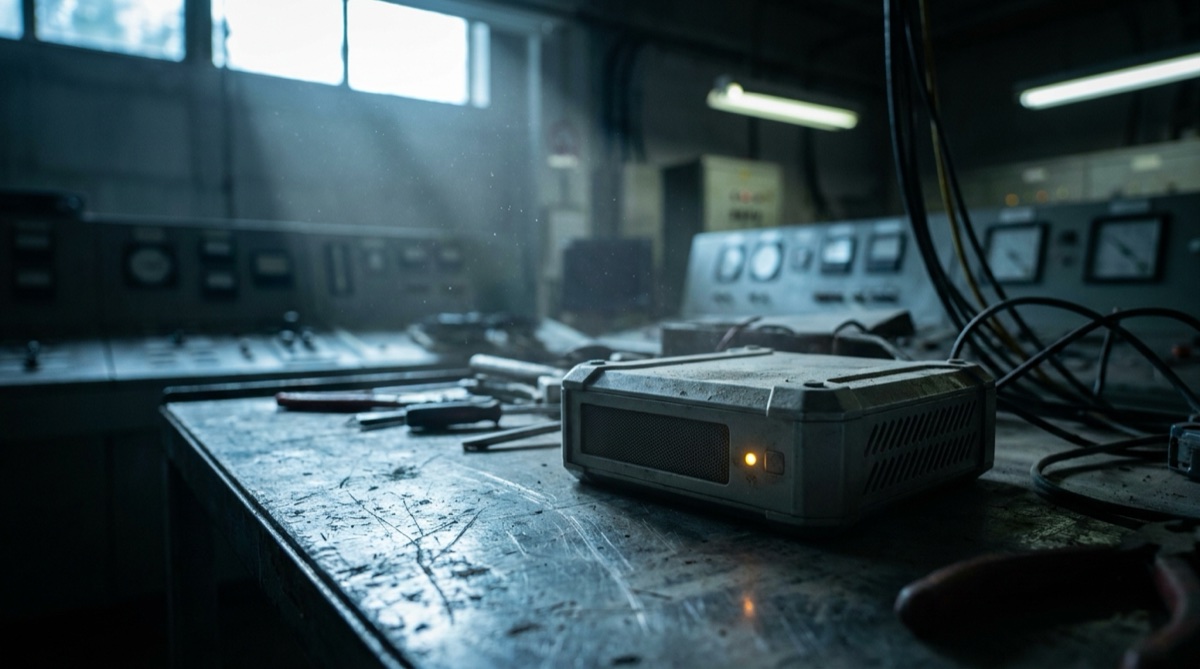 A compact edge computer running local AI inference on a metal workbench in a dimly lit industrial workspace.