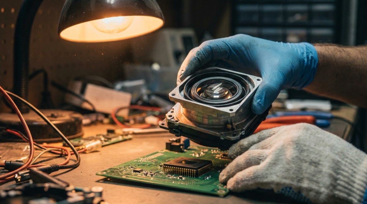 An engineer removes a bulky lens assembly from a circuit board in a dim lab, leaving a single clean chip exposed under moody light.