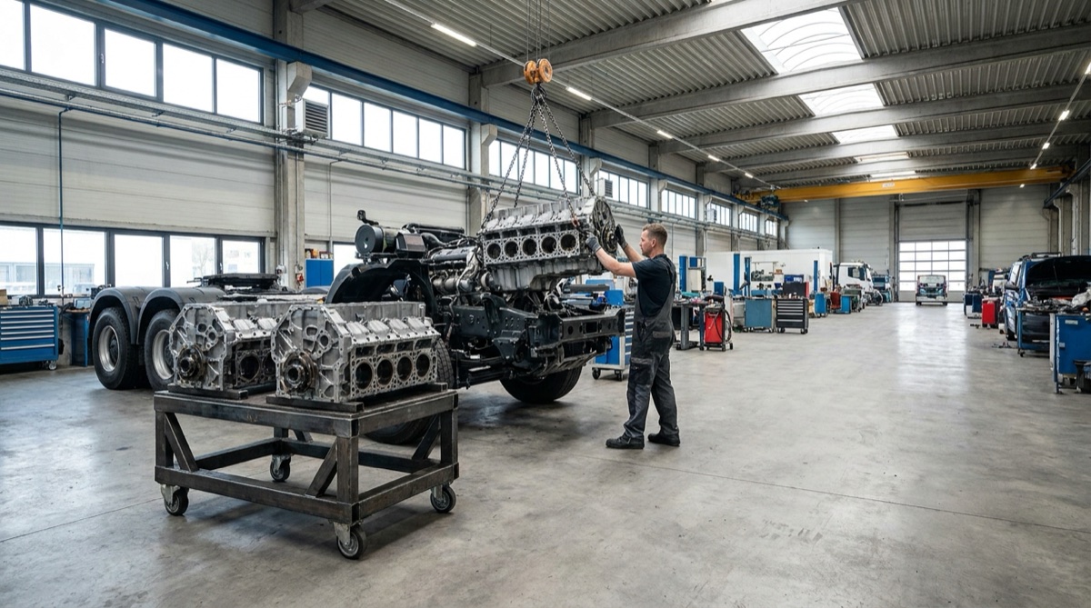 A mechanic installing a modular engine block into a vehicle chassis on a workshop floor.