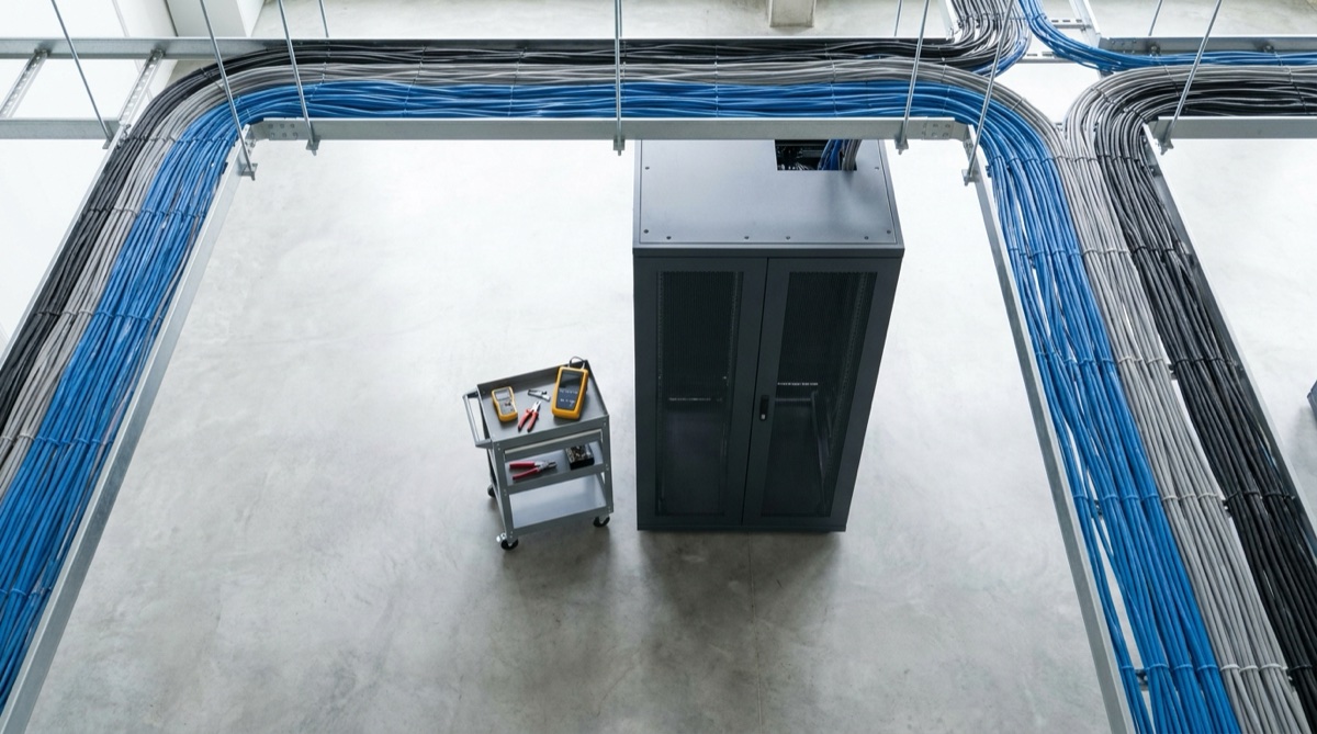 A server rack in a clean industrial room with visible network cables routed overhead, no screens or branding visible.
