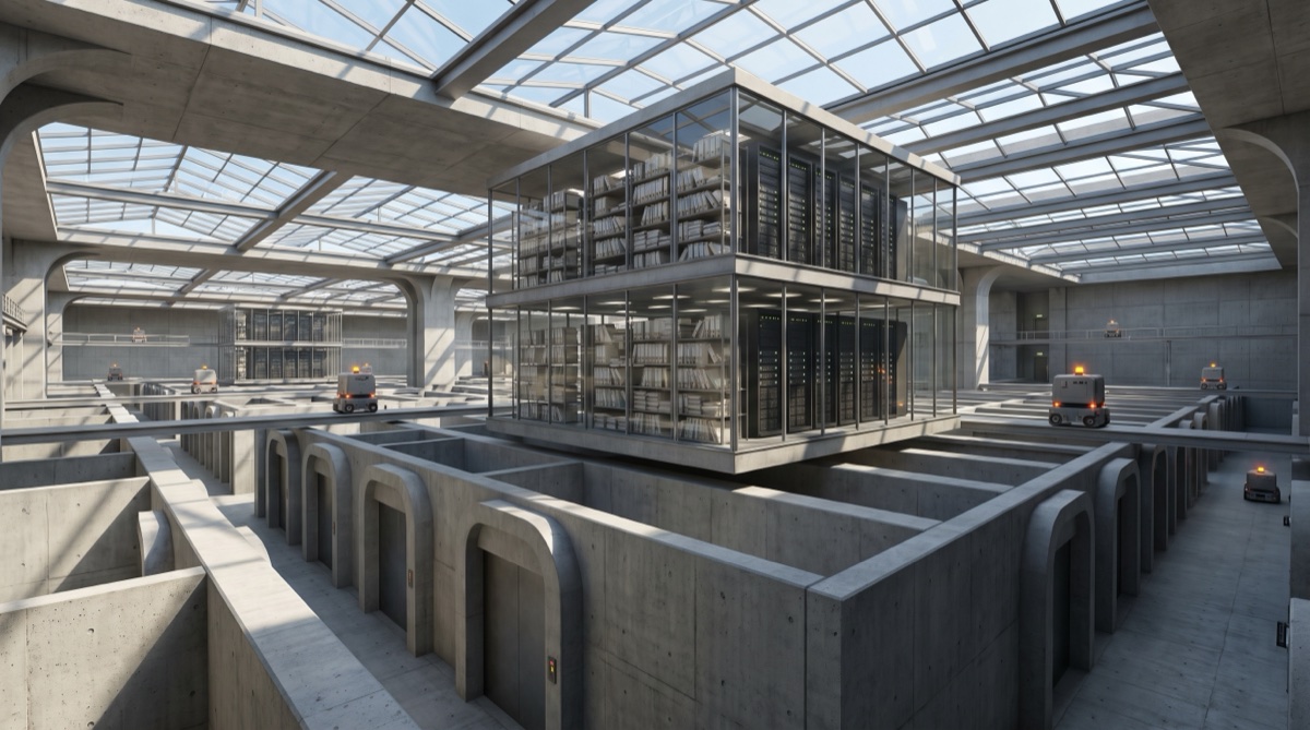 A modular transit hub with many identical corridors feeding into a central operations ledger.