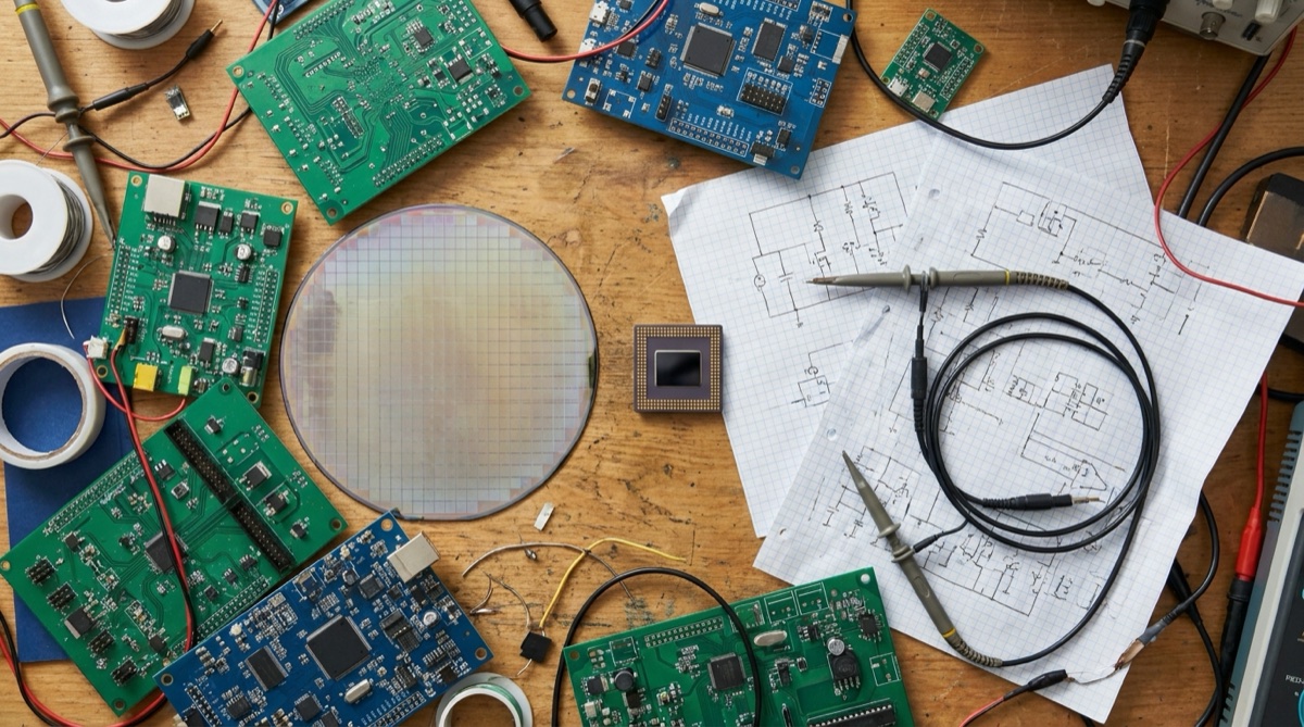 A custom AI accelerator chip resting on a workbench next to a magnifying glass and circuit design notes.