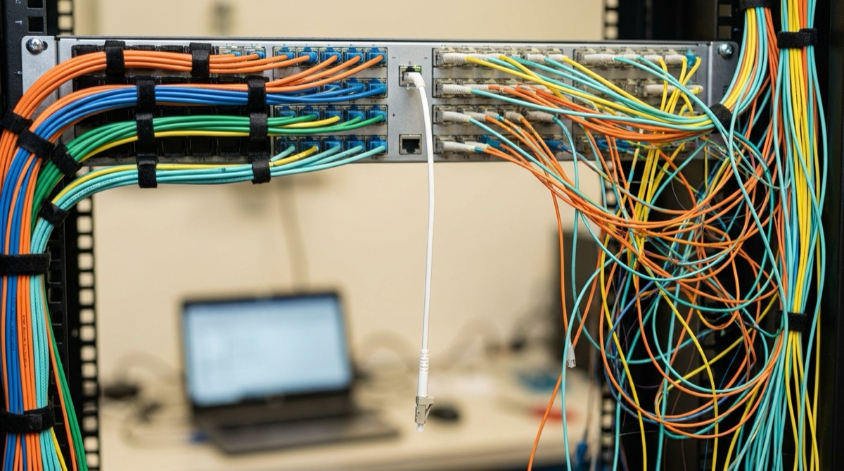A tangled knot of fiber optic cables plugged into a patch panel, with some cables neatly organized and others spilling out in chaos.