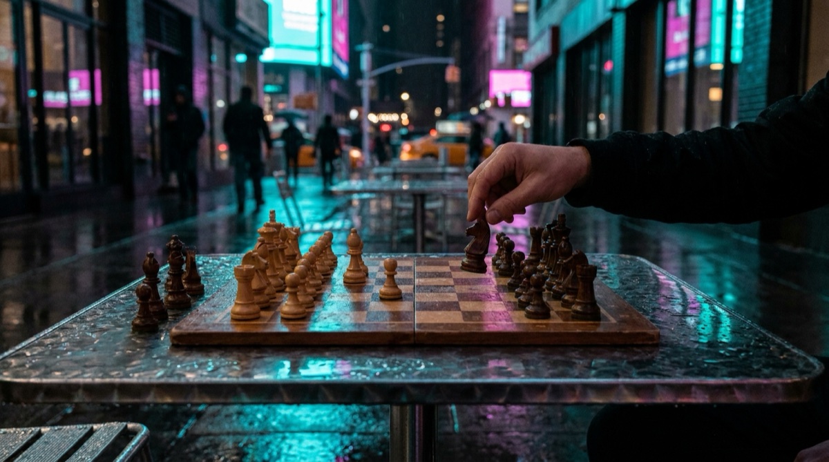 A chess board mid-game with several pieces concentrated on one side, a single piece having just crossed to the other side.